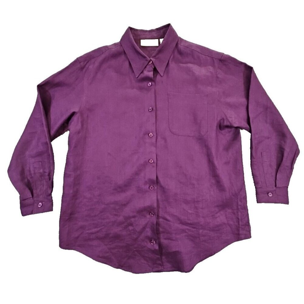 Studio Works 100% Linen Button Up Shirt Women's PL Purple 3/4 Sleeve
